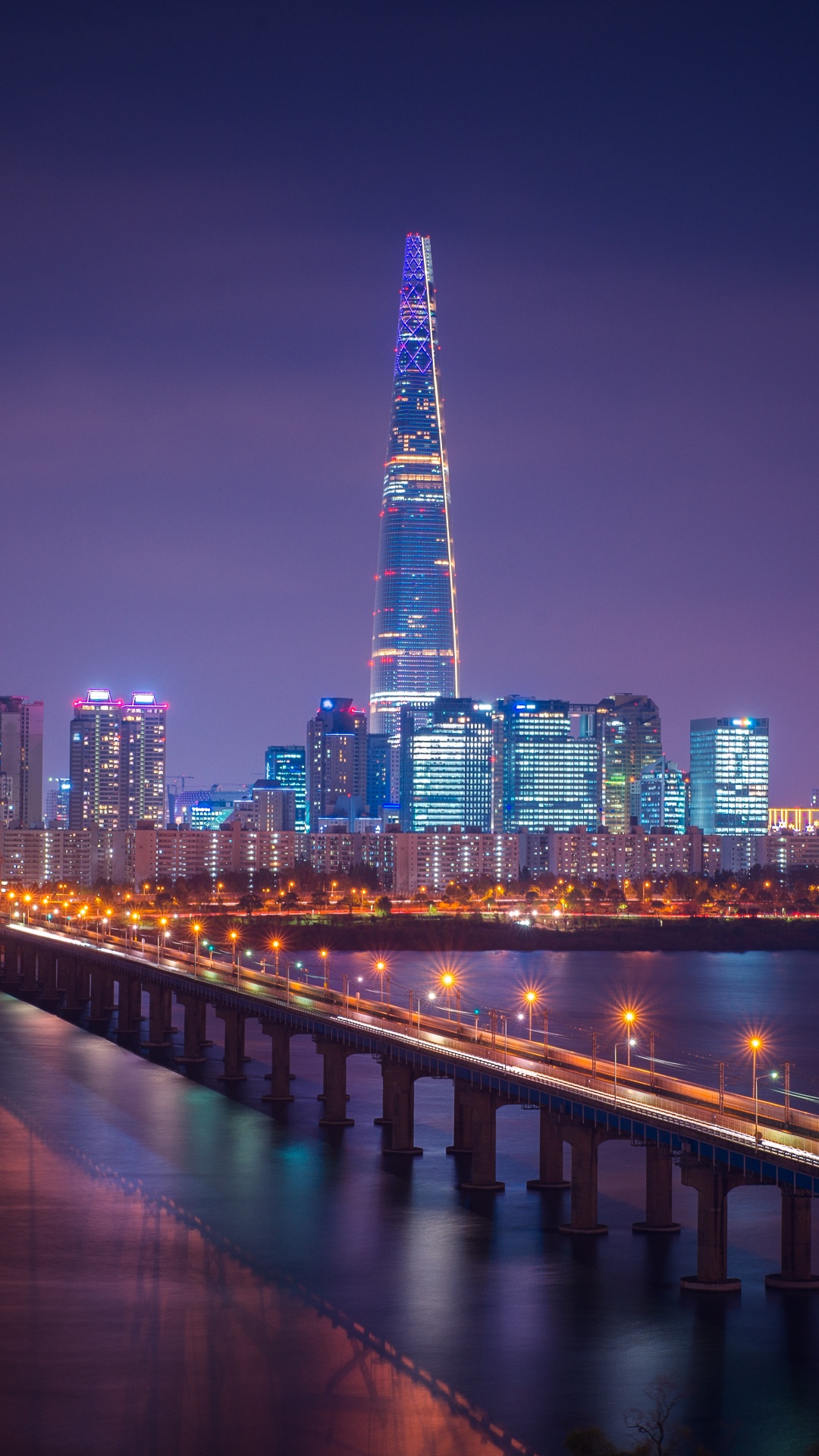 Lotte Tower 4K Wallpaper, Seoul, Cityscape, Bridge, Night